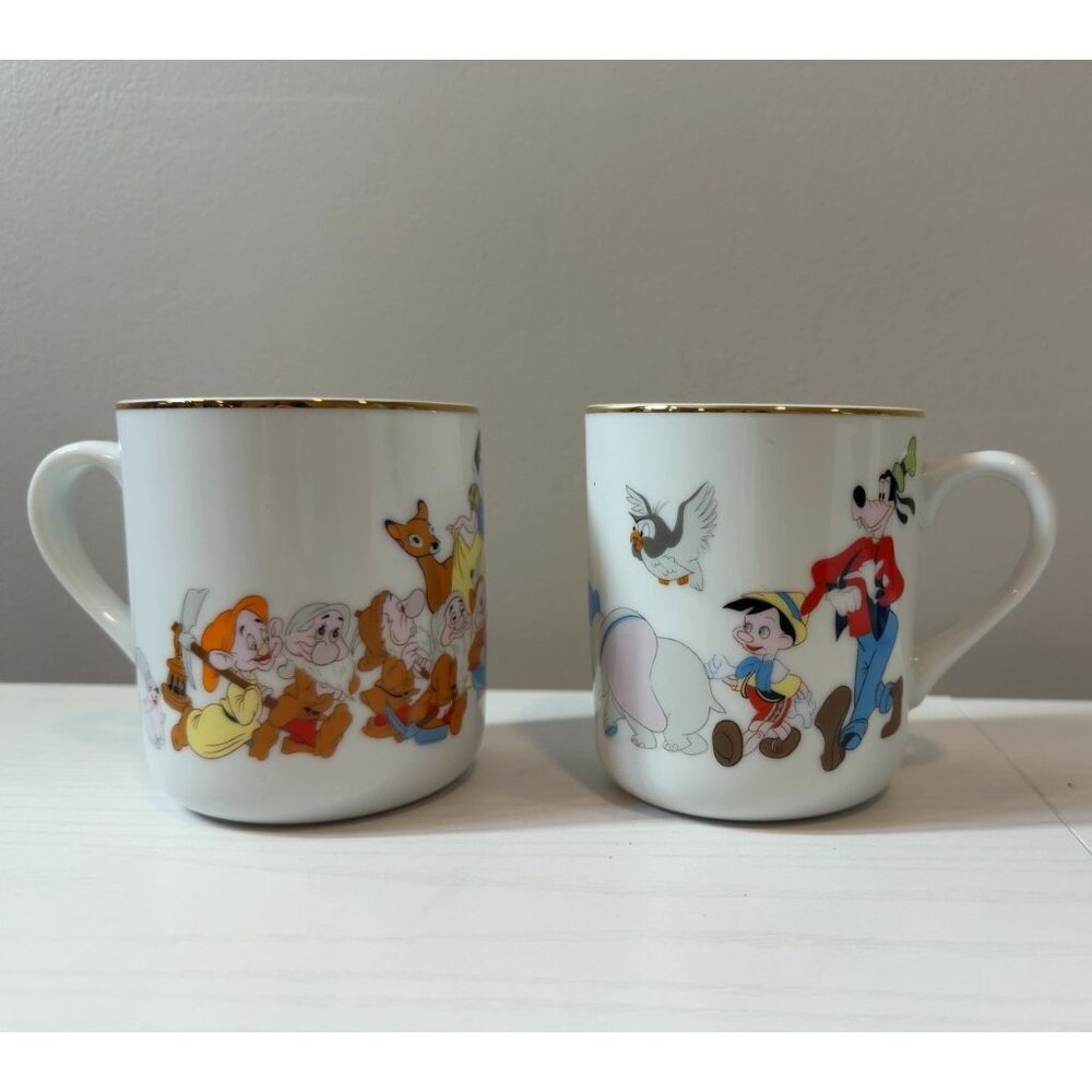 Vintage Disney Ceramic Mugs Set Mickey Friends Snow White Gold Trim